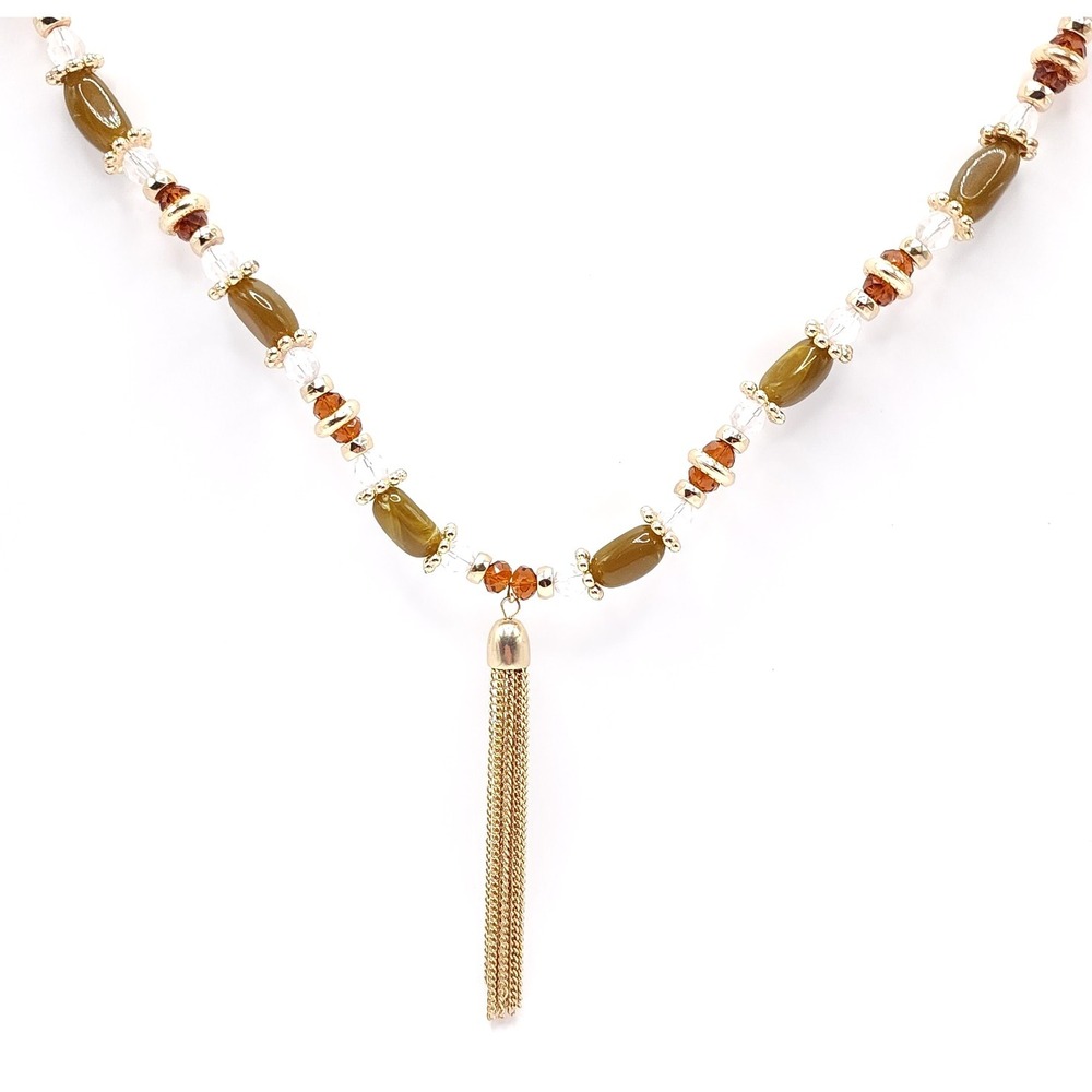Sapphire Gold Tone Beaded Tassel Necklace Olive Amber 32in‎ Boho